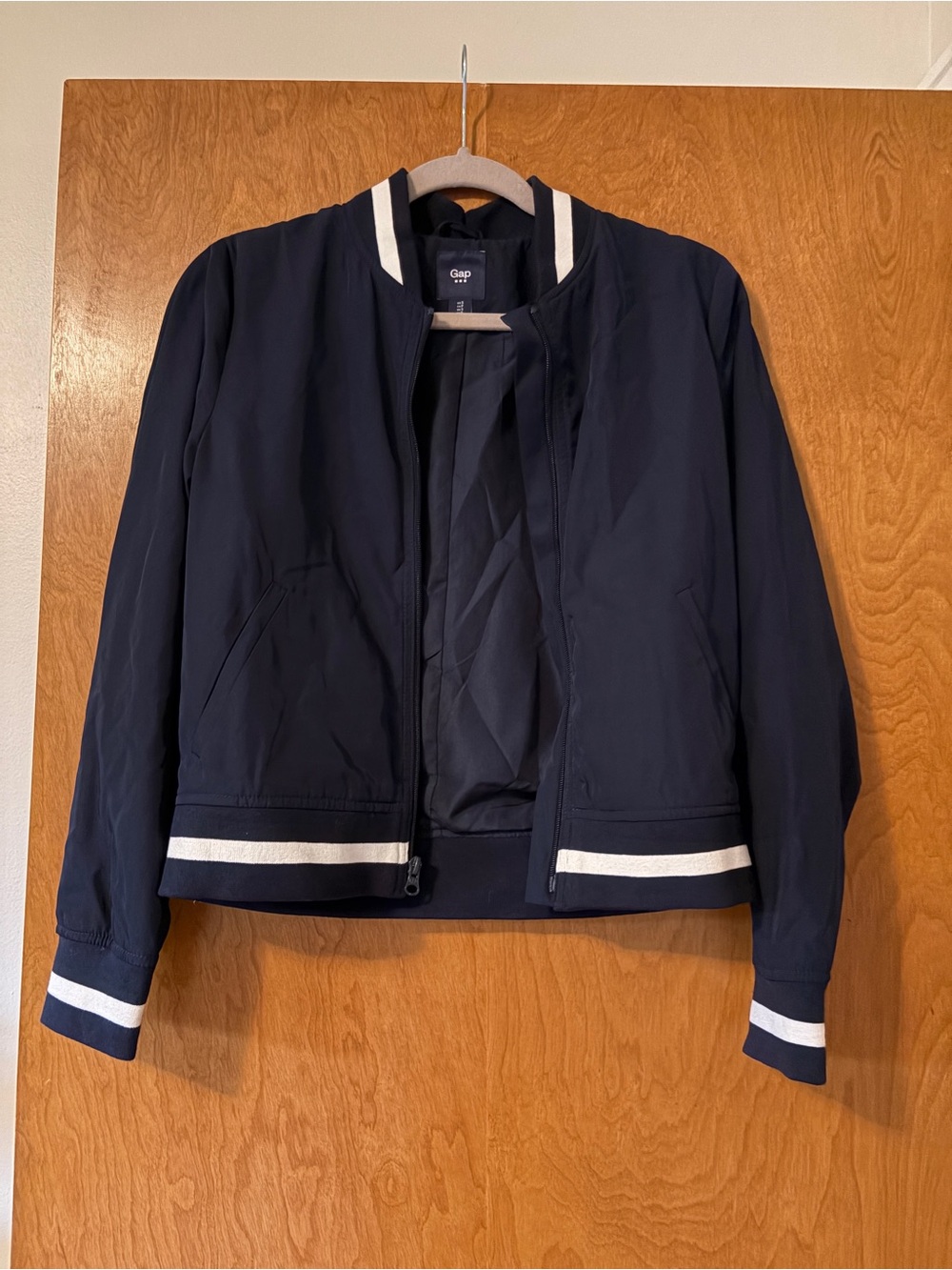 GAP Navy Women's Bomber Jacket with White Stripe Detail